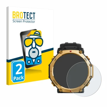 Parte frontal de un envase de producto con el logotipo de la marca BROTECT. Al lado se muestra el dispositivo Huami Amazfit T-