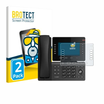 Parte frontal de un envase de producto con el logotipo de la marca BROTECT. Al lado se muestra el dispositivo Snom D865 con su