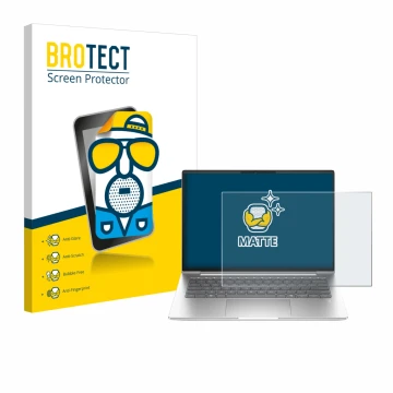 Parte frontal de un envase de producto con el logotipo de la marca BROTECT. Al lado se muestra el dispositivo HP EliteBook 655