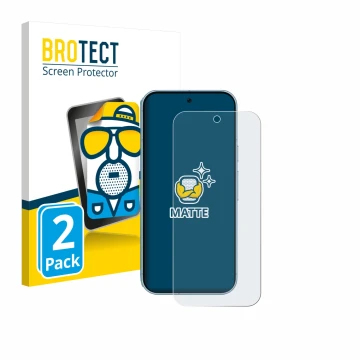 Parte frontal de un envase de producto con el logotipo de la marca BROTECT. Al lado se muestra el dispositivo Google Pixel 9 (