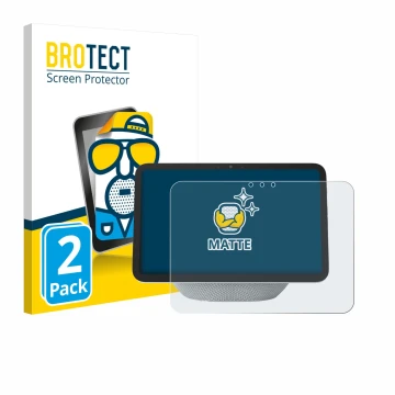 Parte frontal de un envase de producto con el logotipo de la marca BROTECT. Al lado se muestra el dispositivo Amazon Echo Show