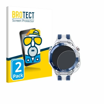 Parte frontal de un envase de producto con el logotipo de la marca BROTECT. Al lado se muestra el dispositivo Huawei Watch Ult