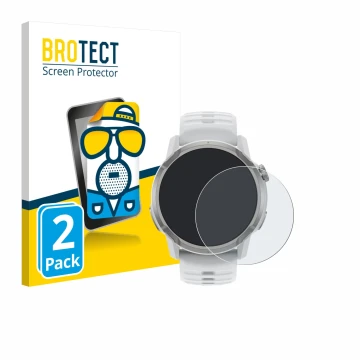 Parte frontal de un envase de producto con el logotipo de la marca BROTECT. Al lado se muestra el dispositivo Coros Apex 4 (46