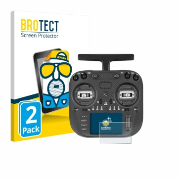 Parte frontal de un envase de producto con el logotipo de la marca BROTECT. Al lado se muestra el dispositivo Radiomaster TX15