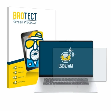 Parte frontal de un envase de producto con el logotipo de la marca BROTECT. Al lado se muestra el dispositivo HP OmniBook 5 16