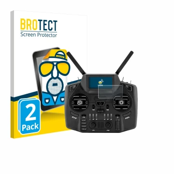 Parte frontal de un envase de producto con el logotipo de la marca BROTECT. Al lado se muestra el dispositivo Radiomaster GX12