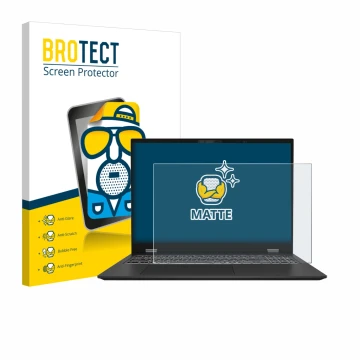 Parte frontal de un envase de producto con el logotipo de la marca BROTECT. Al lado se muestra el dispositivo MSI Prestige 16 