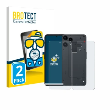 Parte frontal de un envase de producto con el logotipo de la marca BROTECT. Al lado se muestra el dispositivo Nothing Phone (3