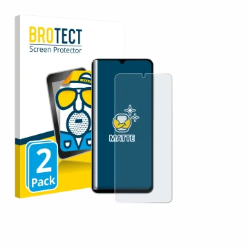 Parte frontal de un envase de producto con el logotipo de la marca BROTECT. Al lado se muestra el dispositivo Samsung Galaxy A