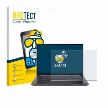 Parte frontal de un envase de producto con el logotipo de la marca BROTECT. Al lado se muestra el dispositivo Acer Swift X 14 