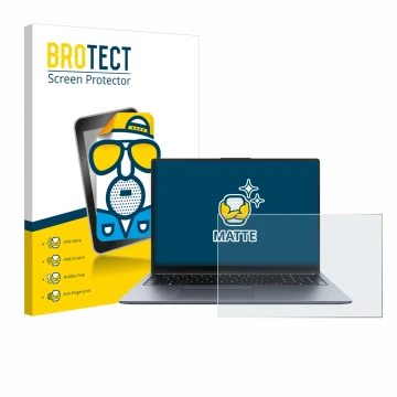 Parte frontal de un envase de producto con el logotipo de la marca BROTECT. Al lado se muestra el dispositivo Huawei MateBook 