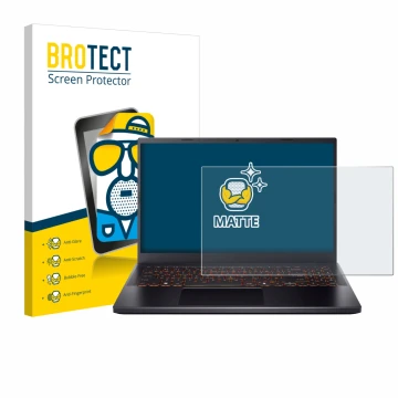 Parte frontal de un envase de producto con el logotipo de la marca BROTECT. Al lado se muestra el dispositivo Acer Nitro V 15 