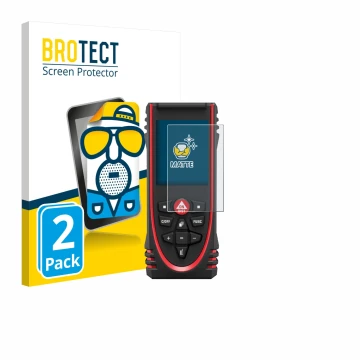 Parte frontal de un envase de producto con el logotipo de la marca BROTECT. Al lado se muestra el dispositivo Leica DISTO X3 c