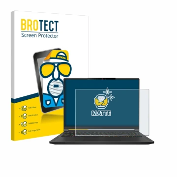 Parte frontal de un envase de producto con el logotipo de la marca BROTECT. Al lado se muestra el dispositivo MSI Stealth A16 