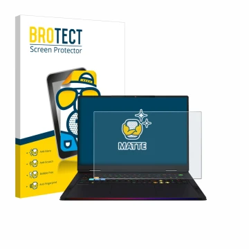 Parte frontal de un envase de producto con el logotipo de la marca BROTECT. Al lado se muestra el dispositivo MSI Raider A18 H