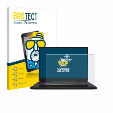 Parte frontal de un envase de producto con el logotipo de la marca BROTECT. Al lado se muestra el dispositivo MSI Vector 16 HX