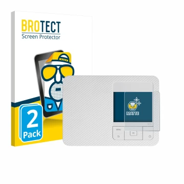 Parte frontal de un envase de producto con el logotipo de la marca BROTECT. Al lado se muestra el dispositivo Canon Selphy CP1