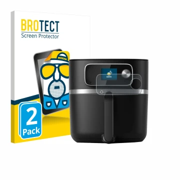 Parte frontal de un envase de producto con el logotipo de la marca BROTECT. Al lado se muestra el dispositivo Philips Airfryer