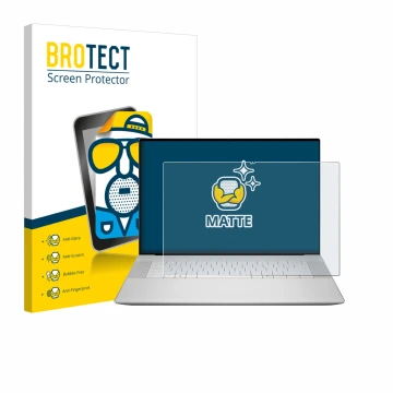 Parte frontal de un envase de producto con el logotipo de la marca BROTECT. Al lado se muestra el dispositivo Dell 16 Premium 