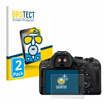 Parte frontal de un envase de producto con el logotipo de la marca BROTECT. Al lado se muestra el dispositivo Canon EOS R6 Mar