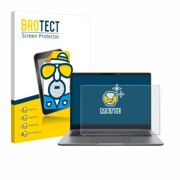 Parte frontal de un envase de producto con el logotipo de la marca BROTECT. Al lado se muestra el dispositivo ASUS ExpertBook 