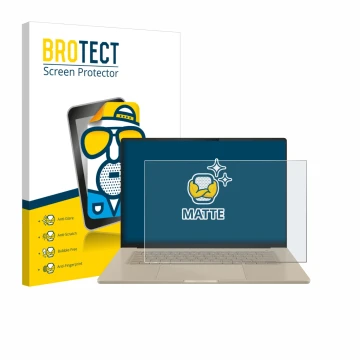 Parte frontal de un envase de producto con el logotipo de la marca BROTECT. Al lado se muestra el dispositivo ASUS ZenBook A16