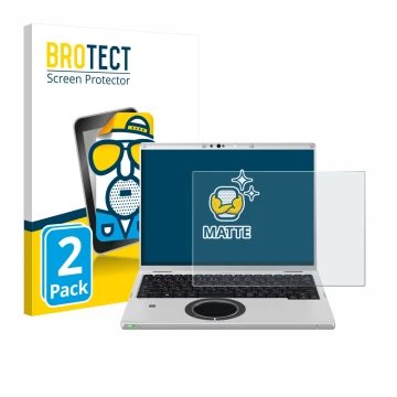 Parte frontal de un envase de producto con el logotipo de la marca BROTECT. Al lado se muestra el dispositivo Panasonic CF-FV3