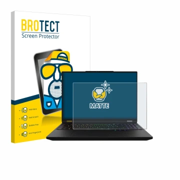 Parte frontal de un envase de producto con el logotipo de la marca BROTECT. Al lado se muestra el dispositivo XMG Apex 16 Max 