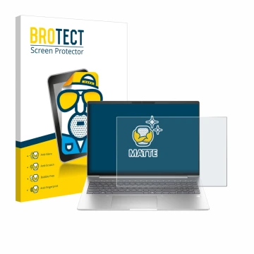 Parte frontal de un envase de producto con el logotipo de la marca BROTECT. Al lado se muestra el dispositivo HP EliteBook 6 G