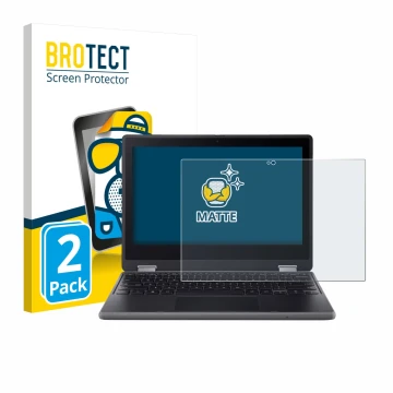 Parte frontal de un envase de producto con el logotipo de la marca BROTECT. Al lado se muestra el dispositivo Acer Chromebook 