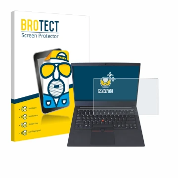 Parte frontal de un envase de producto con el logotipo de la marca BROTECT. Al lado se muestra el dispositivo Lenovo ThinkPad 