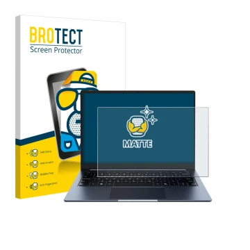 Parte frontal de un envase de producto con el logotipo de la marca BROTECT. Al lado se muestra el dispositivo Chuwi CoreBook A
