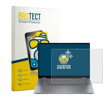 Parte frontal de un envase de producto con el logotipo de la marca BROTECT. Al lado se muestra el dispositivo HP OmniBook X Fl