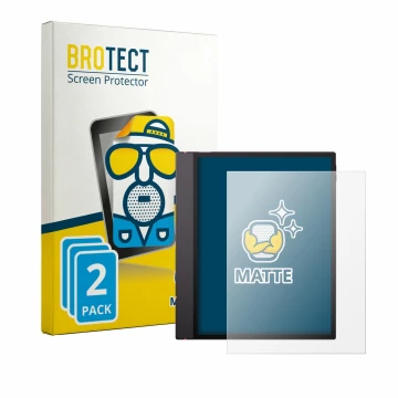 Parte frontal de un envase de producto con el logotipo de la marca BROTECT. Al lado se muestra el dispositivo Boox Note Air 6 