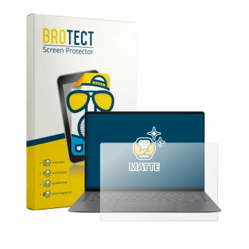 Parte frontal de un envase de producto con el logotipo de la marca BROTECT. Al lado se muestra el dispositivo Asus Googlebook 