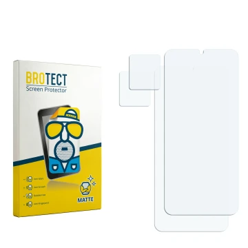 Parte frontal de un envase de producto con el logotipo de la marca BROTECT. Al lado está el protector de pantalla correspondie
