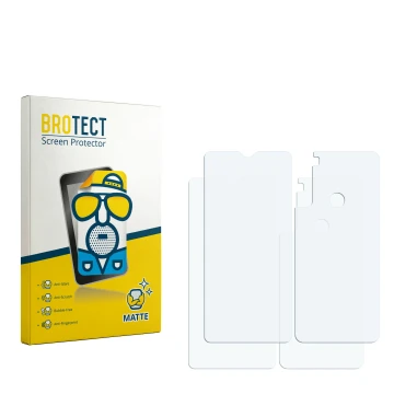 Parte frontal de un envase de producto con el logotipo de la marca BROTECT. Al lado está el protector de pantalla correspondie