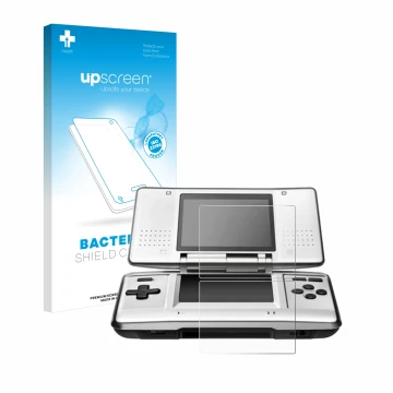 Parte frontal de un envase de producto con el logotipo de la marca upscreen. Al lado se muestra el dispositivo Nintendo DS con