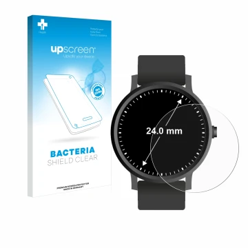 Parte frontal de un envase de producto con el logotipo de la marca upscreen. Al lado se muestra el dispositivo Relojes (Circul
