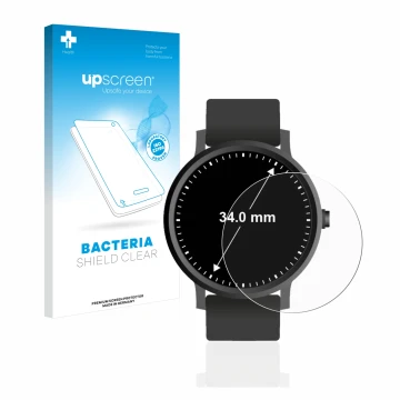 Parte frontal de un envase de producto con el logotipo de la marca upscreen. Al lado se muestra el dispositivo Relojes (Circul