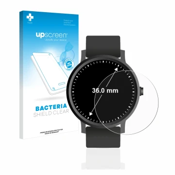 Parte frontal de un envase de producto con el logotipo de la marca upscreen. Al lado se muestra el dispositivo Relojes (Circul