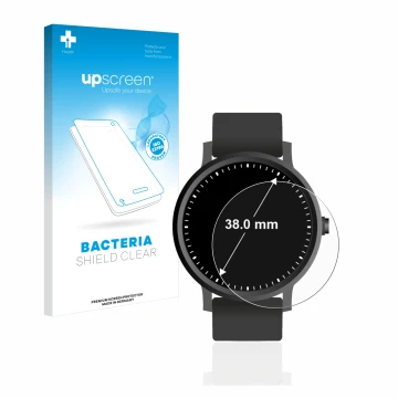 Parte frontal de un envase de producto con el logotipo de la marca upscreen. Al lado se muestra el dispositivo Relojes (Circul