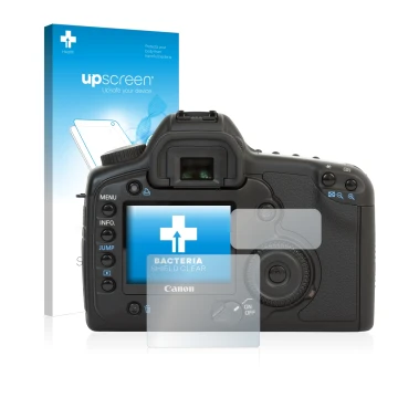 Parte frontal de un envase de producto con el logotipo de la marca upscreen. Al lado se muestra el dispositivo Canon EOS 5D co