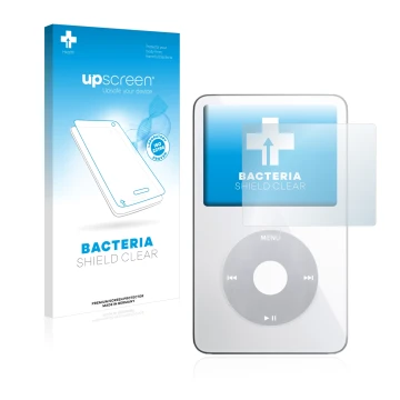 Parte frontal de un envase de producto con el logotipo de la marca upscreen. Al lado se muestra el dispositivo Apple iPod clas