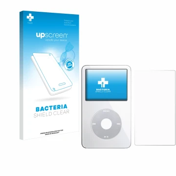 Parte frontal de un envase de producto con el logotipo de la marca upscreen. Al lado se muestra el dispositivo Apple iPod Clas