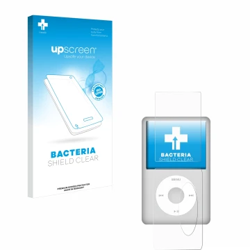 Parte frontal de un envase de producto con el logotipo de la marca upscreen. Al lado se muestra el dispositivo Apple iPod Clas