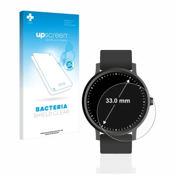 Parte frontal de un envase de producto con el logotipo de la marca upscreen. Al lado se muestra el dispositivo Relojes (Circul