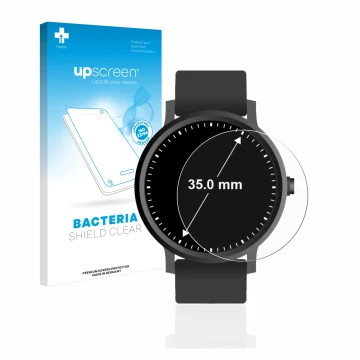 Parte frontal de un envase de producto con el logotipo de la marca upscreen. Al lado se muestra el dispositivo Relojes (Circul