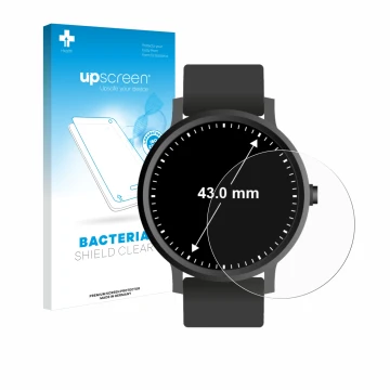 Parte frontal de un envase de producto con el logotipo de la marca upscreen. Al lado se muestra el dispositivo Relojes (Circul