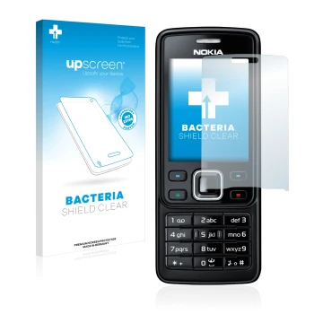 Parte frontal de un envase de producto con el logotipo de la marca upscreen. Al lado se muestra el dispositivo Nokia 6300 2007